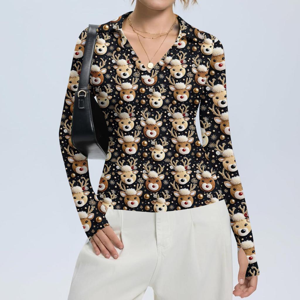 Damenmode Lässig Weihnachts-Print V-Ausschnitt Langarm Knopfleiste Oberteil