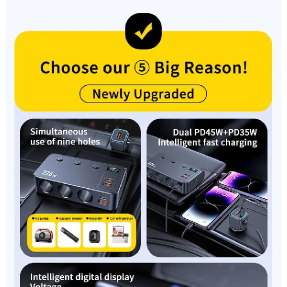 226W Car Charger Fast Charging Cigarette Lighter Split Adapter PD QC3.0 USB Voltage Display Front Rear Charge 12V 24V Truck SUV