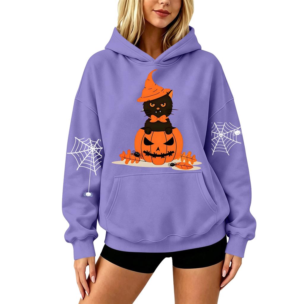Women's Halloween Print Drop Shoulder Hoodie Loose Fit Casual Pullover