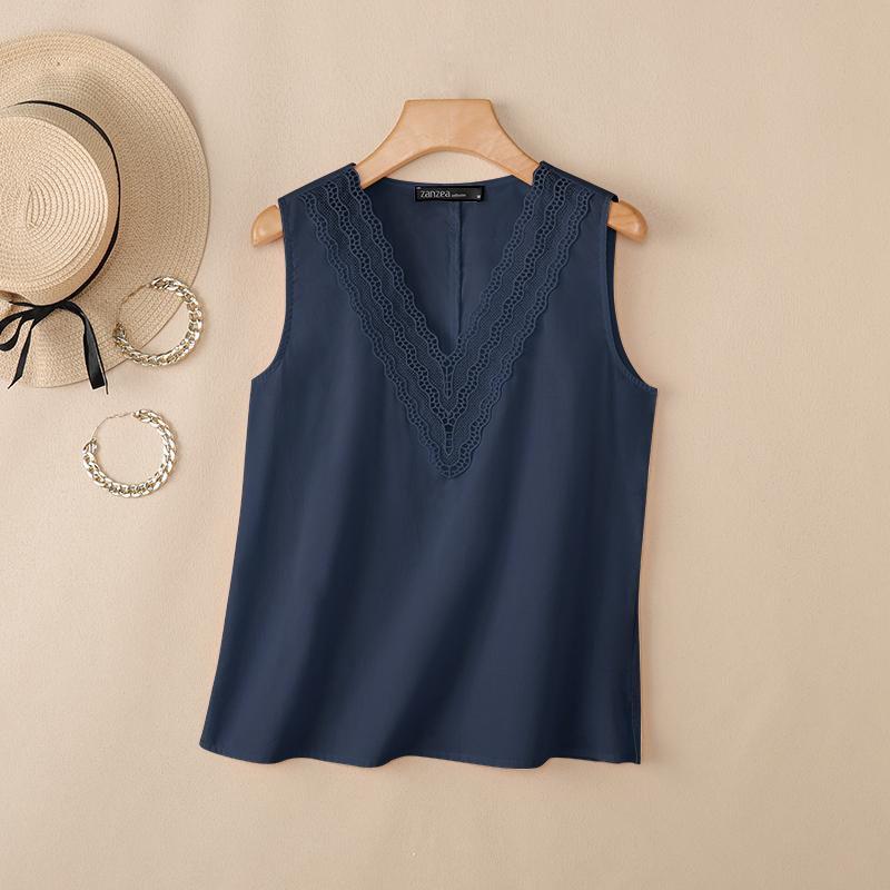 ZANZEA Women Casual Splice V-Neck Loose Sleeveless Tank Tops