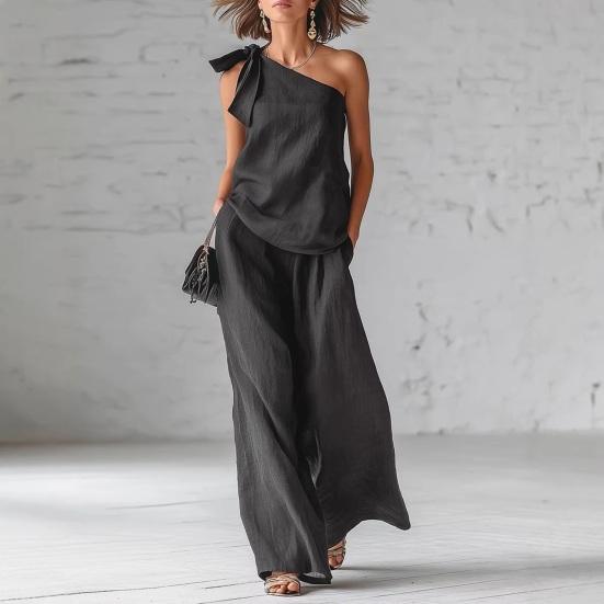 2-teilige Outfits für Damen Sommer One-Shoulder Ärmelloses Oberteil und Weitbeinige Hose Passendes Lounge-Set mit Taschen