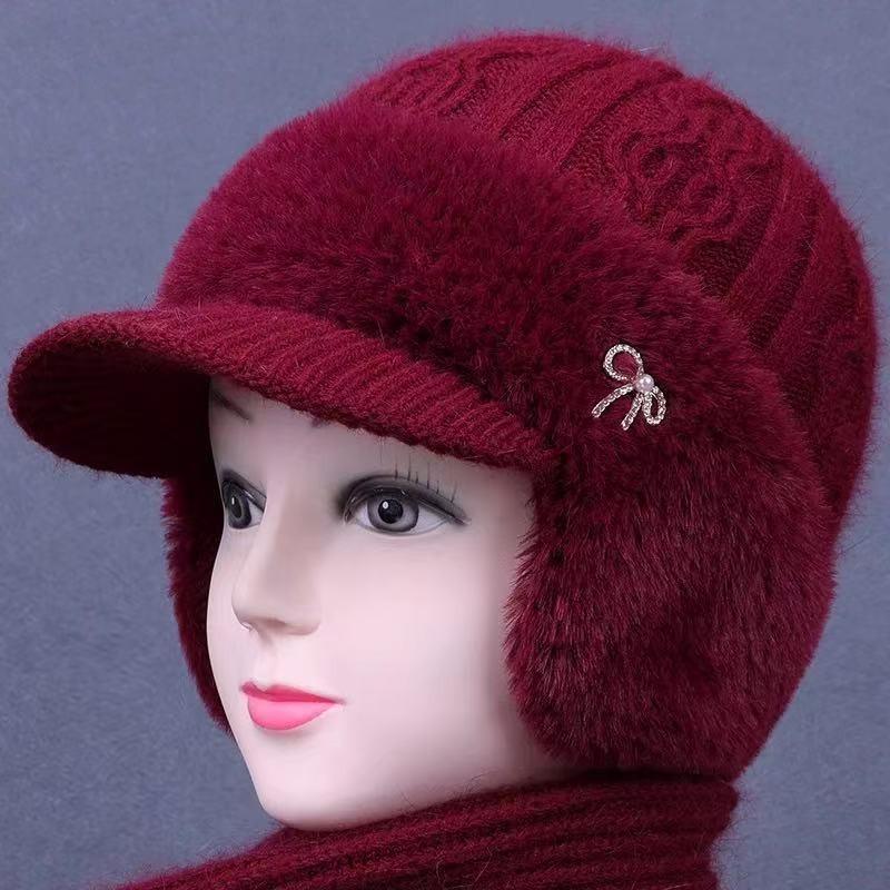 Hat, ear protection, warm autumn and winter rabbit fur knitted hat, windproof and velvet women's cold-proof wool hat