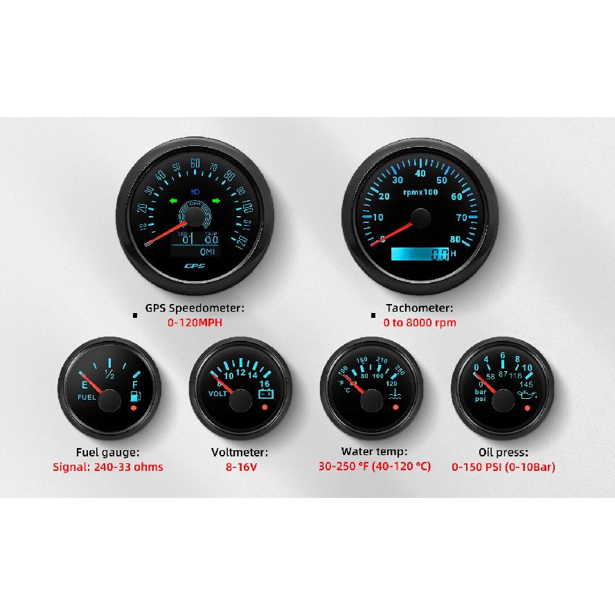 Black 85mm GPS Speedometer 80MPH Waterproof 6 Gauge Kit Fit Car Boat Marine Gasolines Vehicle Tachometer Water Temp Fuel Gauges