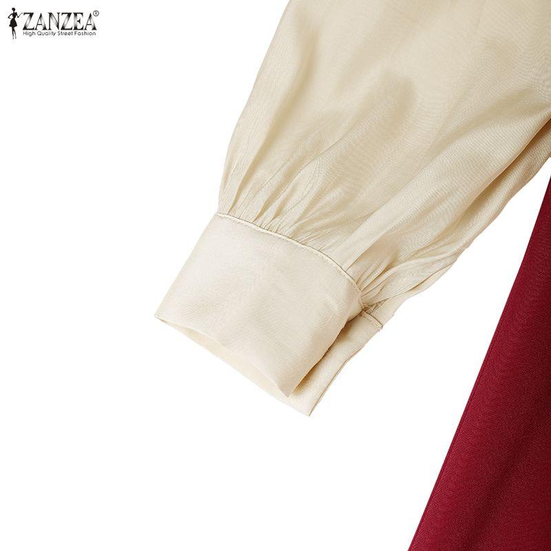 ZANZEA Women Turn Down Collar Casual Long Sleeve Patchwork Dress