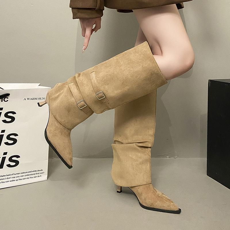 Korean Version Suede Pleated Piled Boots Long Boots Women's Autumn and Winter New Suede Two Wear Thin Heel Back Zipper High Heel Women's Boots
