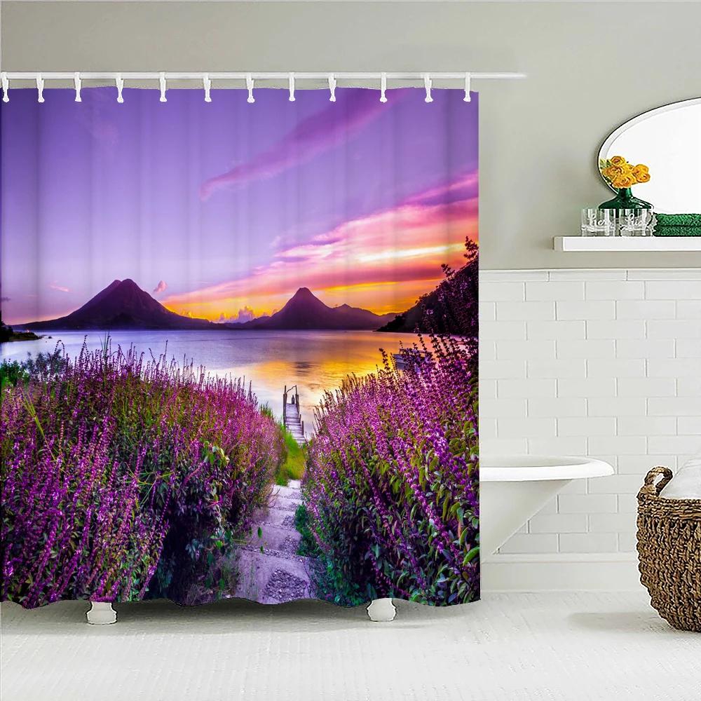 

Сельский Пейзаж Природы Занавески для Душа Ванная Комната Полиэстер Водонепроницаемая Занавеска для Душа лавандовый Принт Занавески для Ванной Душа W90xH180cm