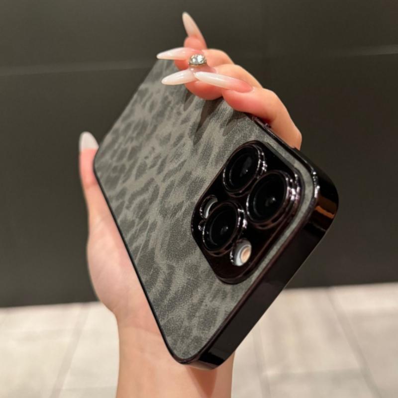 Leopard Texture Leather Plating Bumper Phone Case For For Iphone 11 12 13 14 1 16 17 Pro Max Lens Protector On 1 Plus Cover