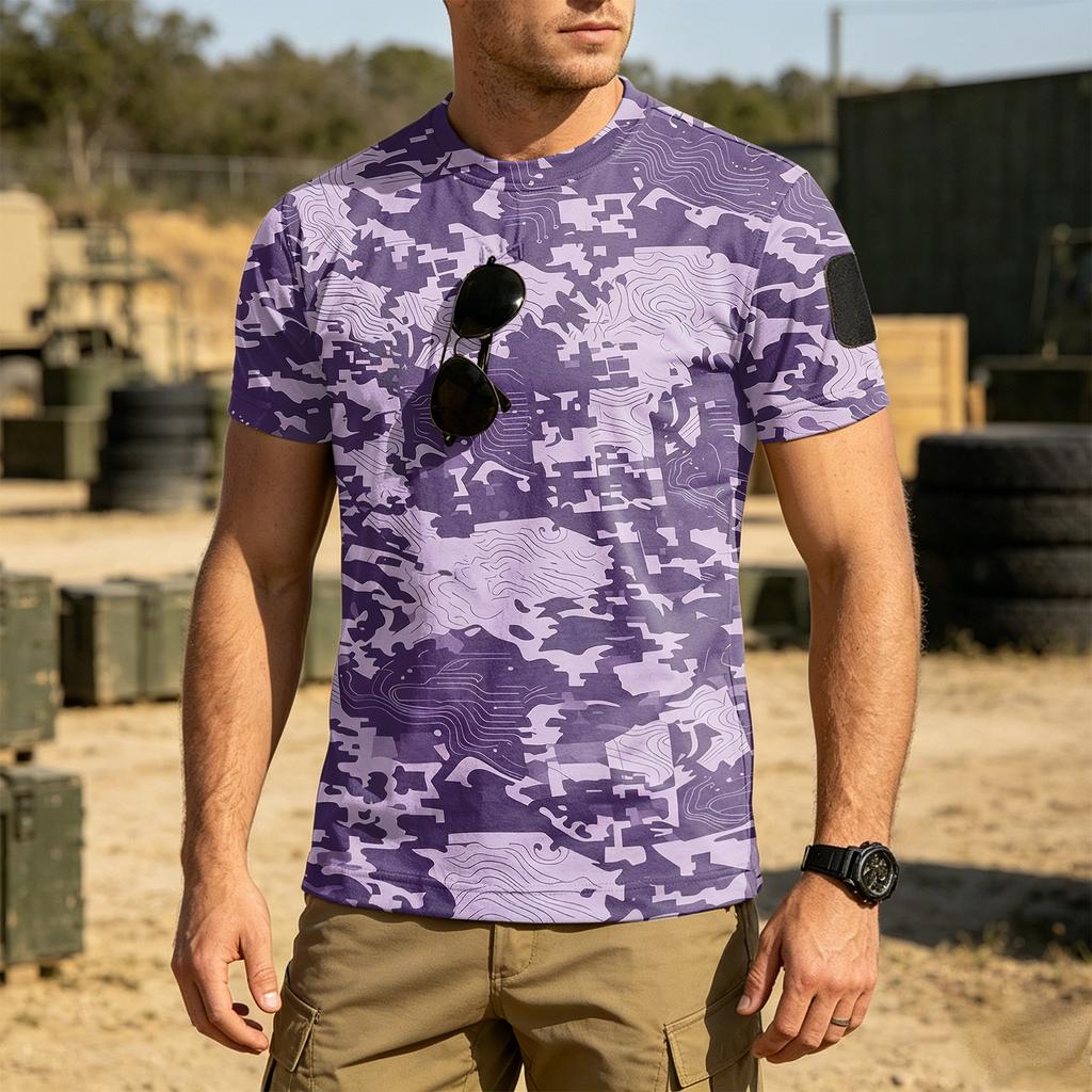 Men's Tactical Outdoor Quick-Dry T-Shirt with Velcro Patch Area Loose Fit Breathable Round Neck Camouflage Print