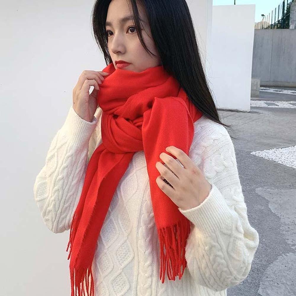Windproof Solid Color Shawl Polyester Long Neckscarf with Tassel Classic Wool Scarf  Autumn