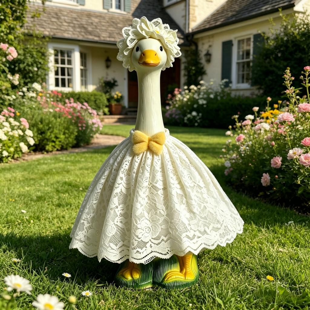 Elegant Lace Bridal Gown and Headpiece Set for 23 Porch Goose - Perfect Wedding Attire for Your Feathered Friend