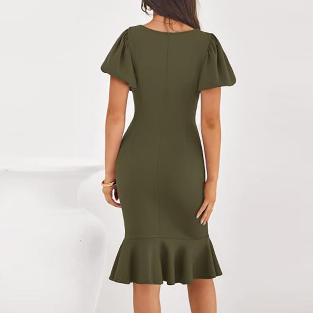 Women Formal Wedding Guest Cocktail Dresses 2026 Short Sleeve Ruffle Mermaid Work Elegant Dress