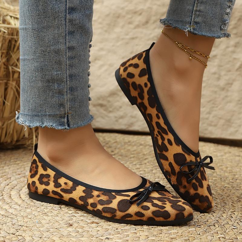 Leopard Suede Low-Top Single Shoes Women's Autumn New Pointed Toe Shallow Mouth Bow Soft Sole Soft Side Non-Slip Flats