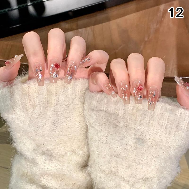24Pcs Simple Fake Nail With Jelly Glue Butterfly Design Pink White Gradient French Press On False Nails Full Cover Nail Tips
