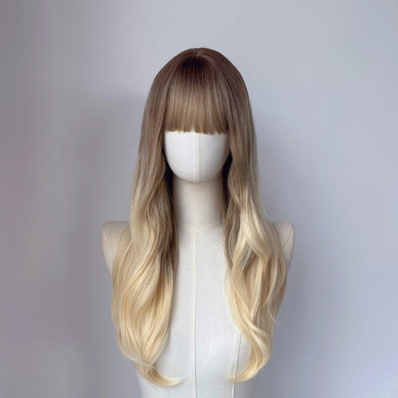 Womens Matte Hair Long Curly Wig With Bangs Rose Net Full Head Cover Daily Wear