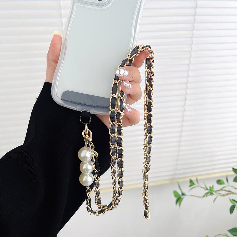 Light Luxury Pearl Leather Rope Electroplated Metal Mobile Phone Lanyard Messenger Chain Neck Decoration Diy Accessories Advanced Sense