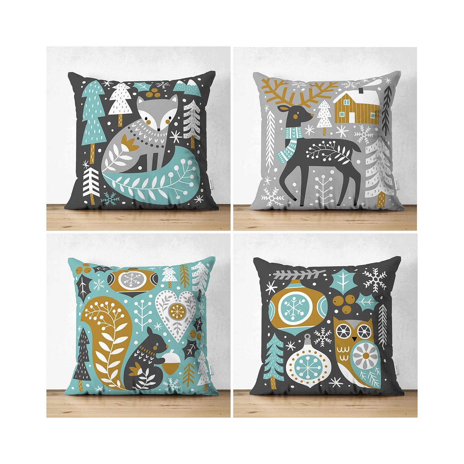 

Набор из 4 двухсторонних современных замшевых наволочек на красочном фоне с рождественским узором