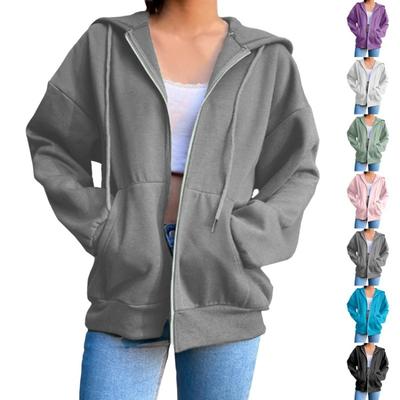 Women Casual Loose Jacket Long Sleeve Hooded Padded Sweatshirt Solid Color Fashion Outerwear
