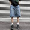 Men Denim Shorts Elastic Drawstring Waist Wide Leg Pockets Shorts with Straight Solid Color Casual Shorts Streetwear