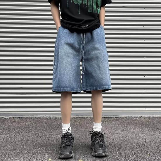Men Denim Shorts Elastic Drawstring Waist Wide Leg Pockets Shorts with Straight Solid Color Casual Shorts Streetwear