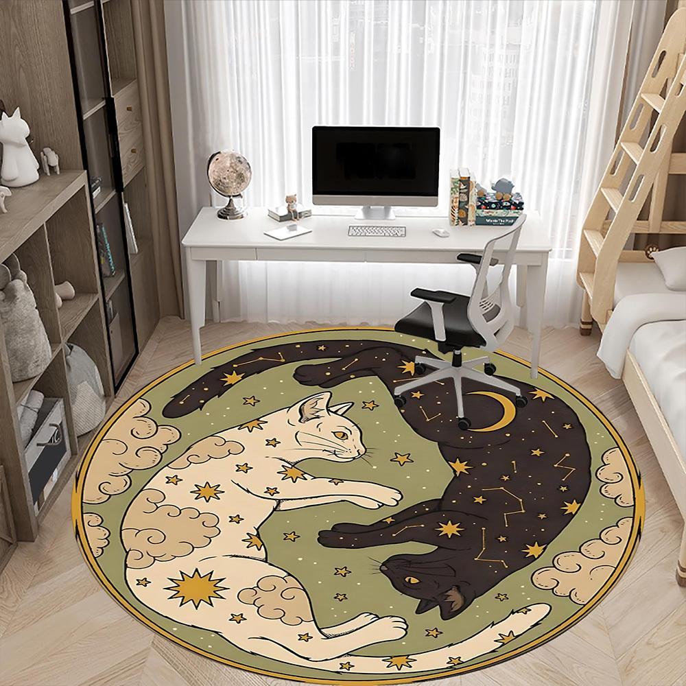 1pc Starry Night Cats Office Round Area Rug, Indoor Mat Suitable For Office, Under Office Chairs Bedroom Living Room Home Decor, Room Deco168