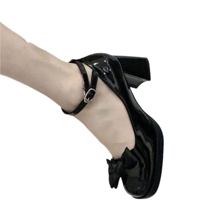 Coarse heel leather shoes Mary Jane shoes women's single shoes 2025 spring and summer new niche bow retro high heel small leather shoes