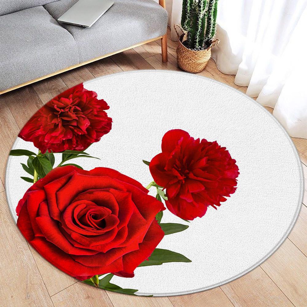 Red Roses Romance Round Carpet Modern Home Carpet Decor Flower Bedroom Living Room Floor Mat Flannel Round Area Rug