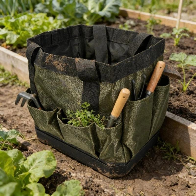 Heavy Duty Fabric Tool Storage Bag With Reinforced Plastic Base & Handle For Garden Home Repair Tool Box Holder