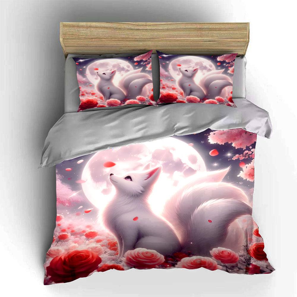 Enchanting Fox Amidst Moonlit Blossoms Duvet Cover Set With 3D Printing Design Soft Polyester Bedding Set All-Season Comfort