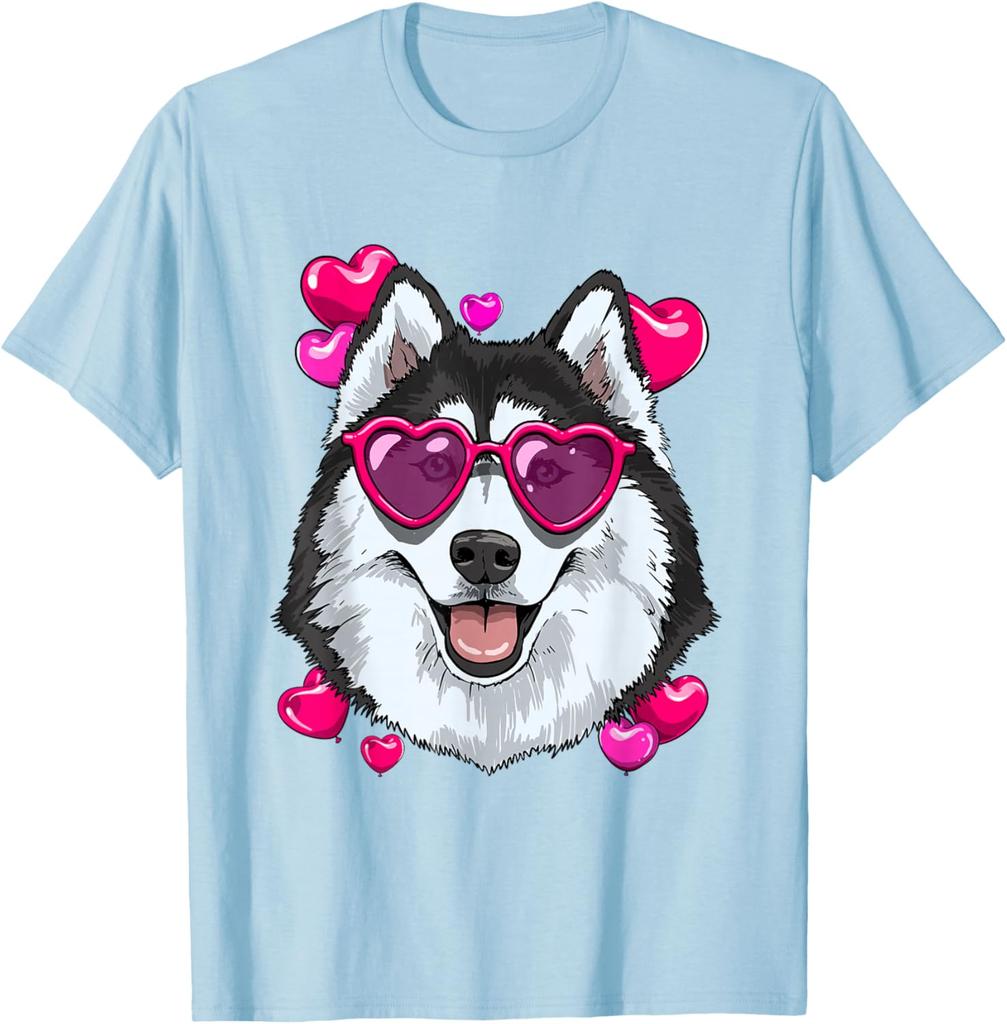 Husky Dog Heart Sunglasses Valentines Day Graphic Tee Soft Cotton Casual Short Sleeve Shirt