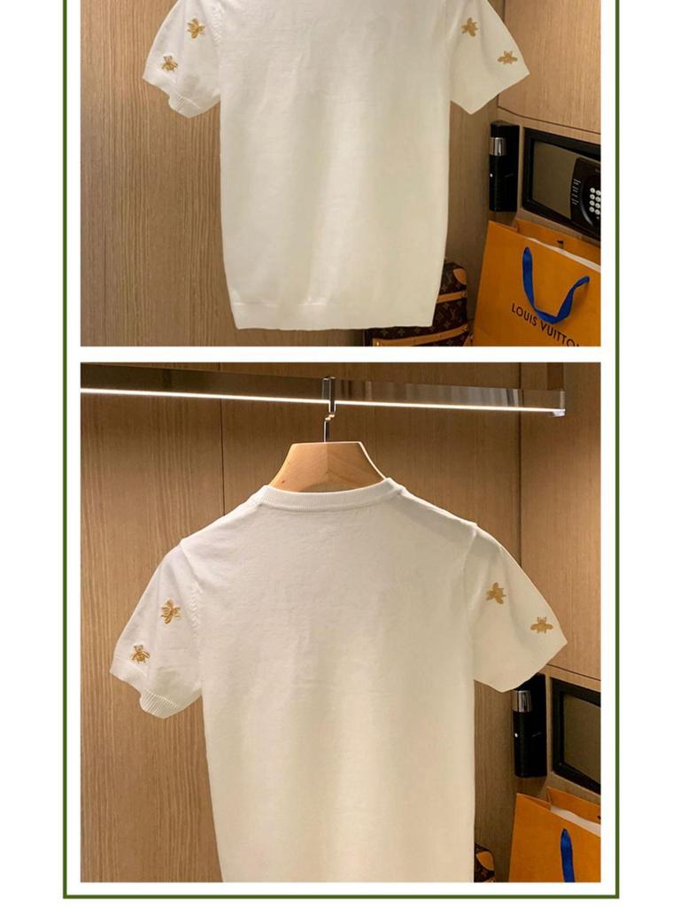 Men's Trendy European Bee Embroidery Knit T-Shirt, Short-Sleeved, Round Neck, Light Luxury Style