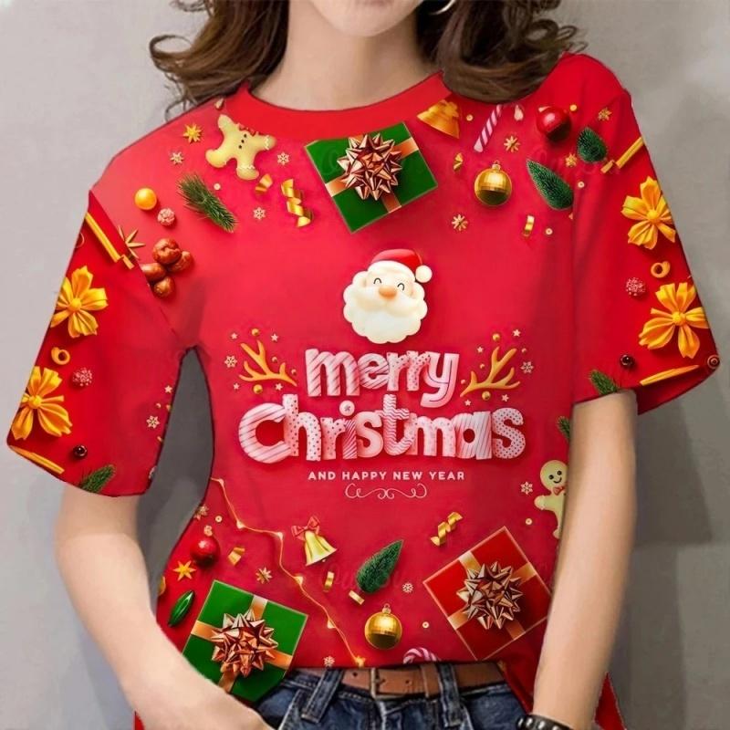 3D Printed Santa Claus Gift T-Shirt For Men Women Christmas Tree Pattern T-Shirts Summer Loose Short Sleeve Tees Round Neck Tops