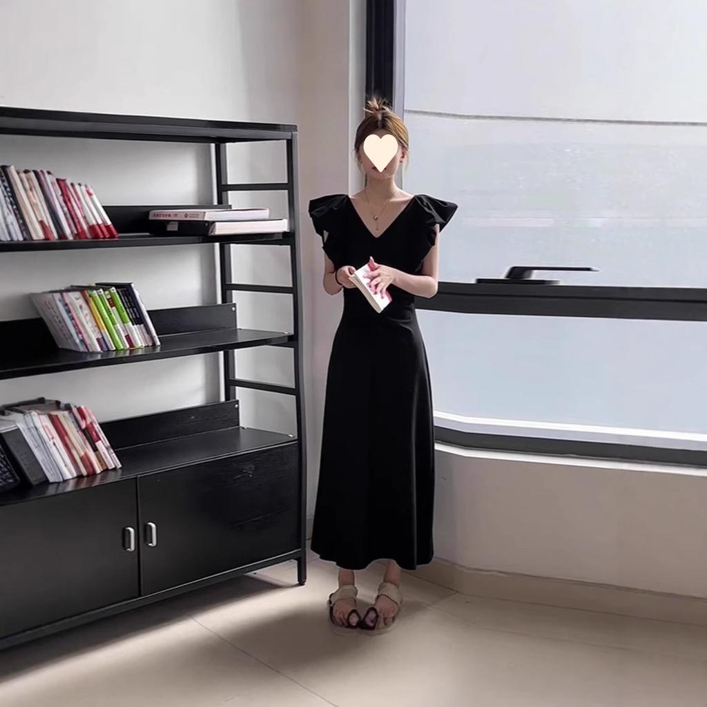 Black V-neck Small Flying Sleeve Dress for Children's Summer New Waist Temperament Dress