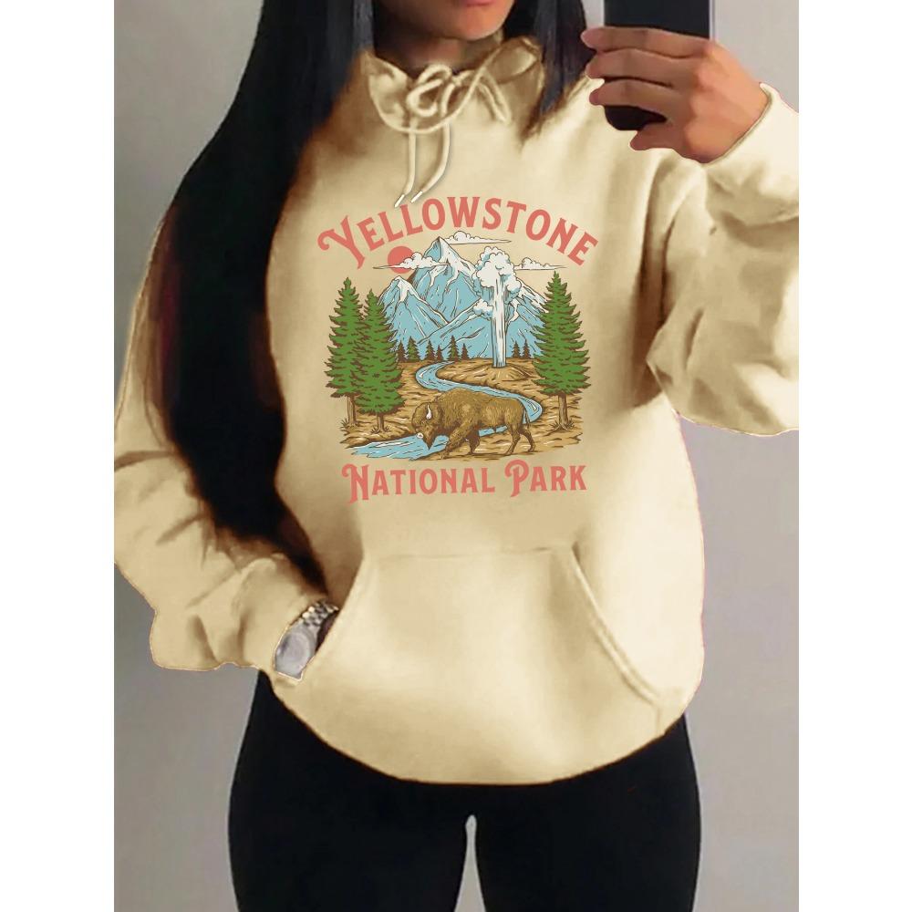 Yellow Stone National Park Printing  Hoodies Women Fleece All-Match Streetwear Y2K Pocket Hoody Autumn Casual Woman Clothing