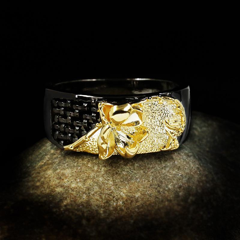 Blomster hule armbånd innlagt med AA Zircon Black Gold Tofarget kvinners ring