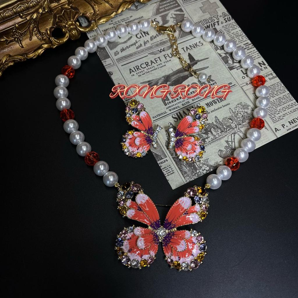 New Vintage Butterfly Bead Pearl Necklace With Exquisite Jewelry Set High-quality Texture