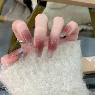 24 Pièces Automne et Hiver Blanchiment Moyen et Long Blush Manucure Changement Graduel Bleu Brume Manucure Fin d'Automne Ongle Fini à Porter
