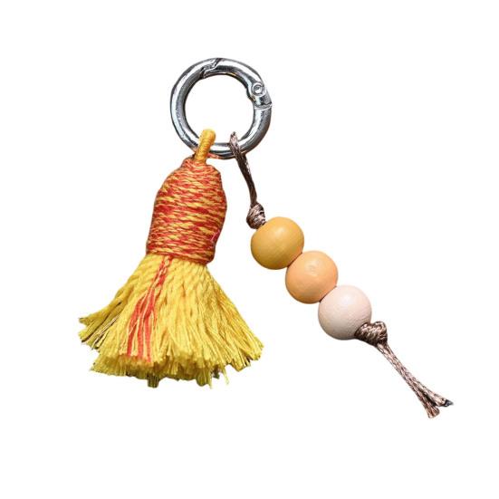 

Tibetan Rainbow Tassel Pendant Keychain with Natural Wood Beads Ethnic Style Bag Charm Shoe Decoration with Metal Ring Buckle Small Exquisite