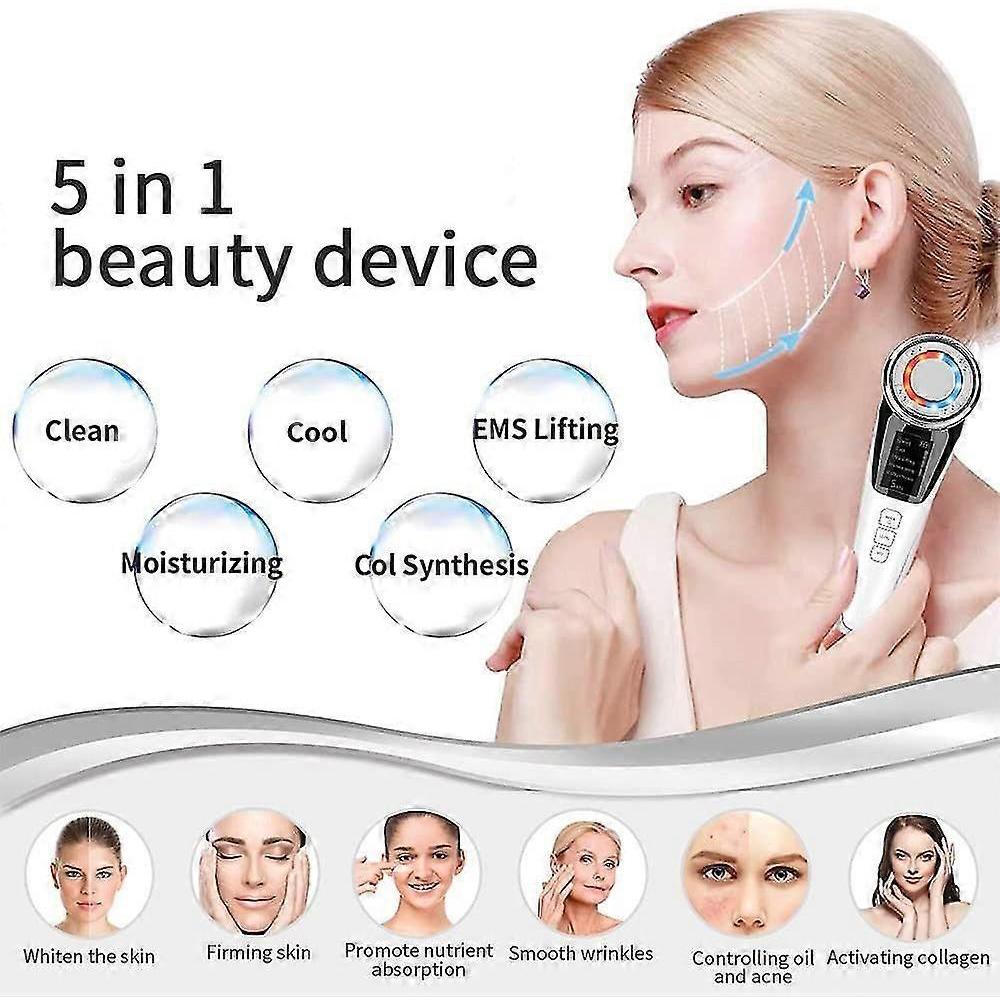 Face Massager, 5in1 Multifunctional Face Roller With ION- and Photon Function Hot / Cold Treatment, Gifts for Women, White