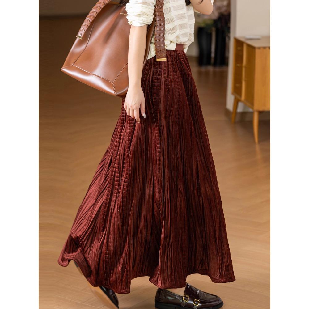 DIMANAF 2025 Autumn New Women Skirts Solid Plaid Loose Elastic Waist Pleated Elegant Long Skirts Red