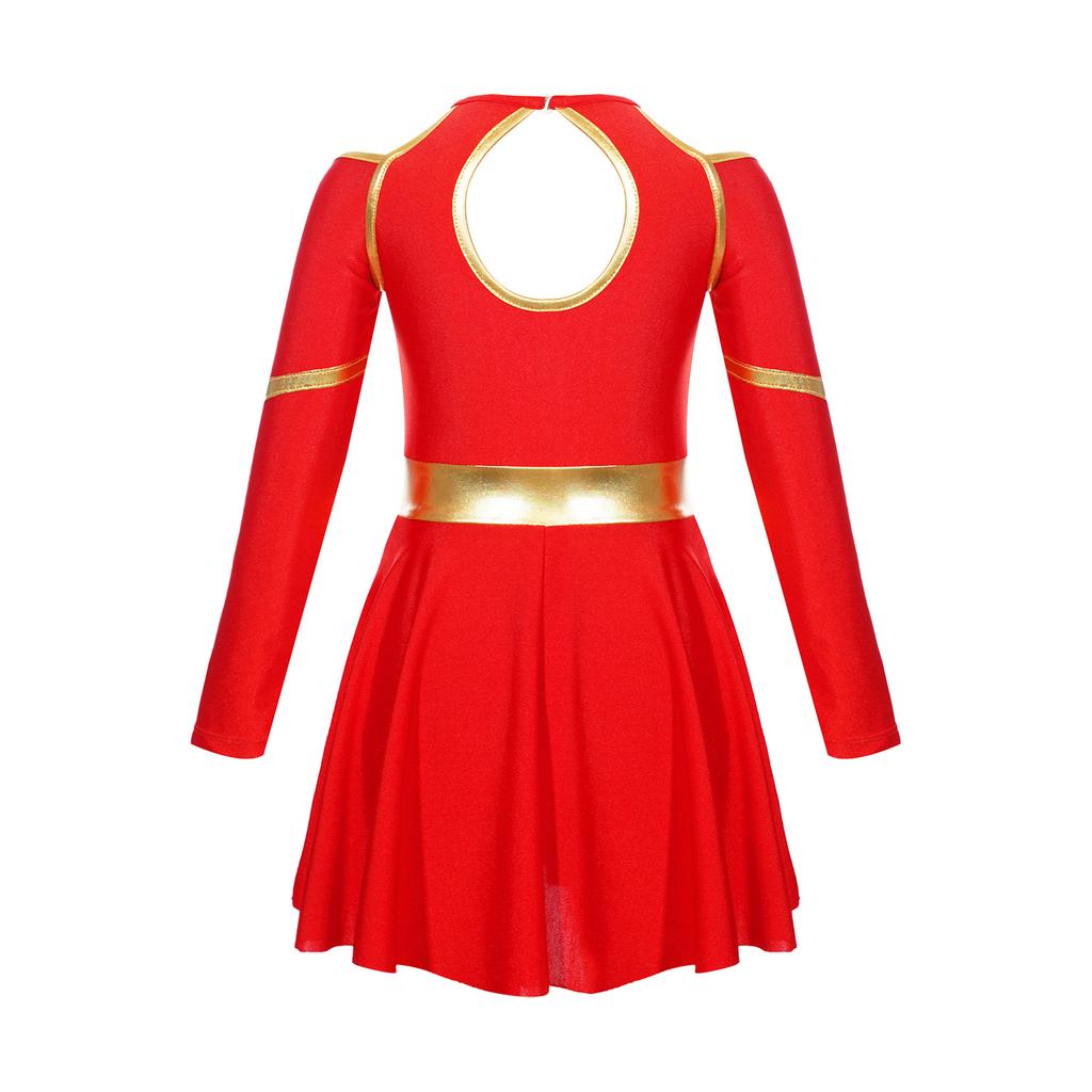 Complete Cheerleading Outfit for Girls: Contrast Color Long Sleeve Leotard Dress Featuring Cold Shoulder & Keyhole Back Detail