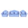 3Pcs   Sofa Set Pine Cloth Double Sofa 2 Single Sofa Light Color Strip  ature Sofa for 1:12 Doll House