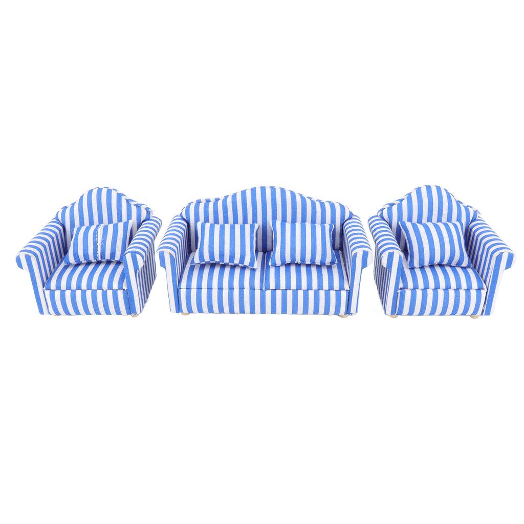 3Pcs   Sofa Set Pine Cloth Double Sofa 2 Single Sofa Light Color Strip  ature Sofa for 1:12 Doll House