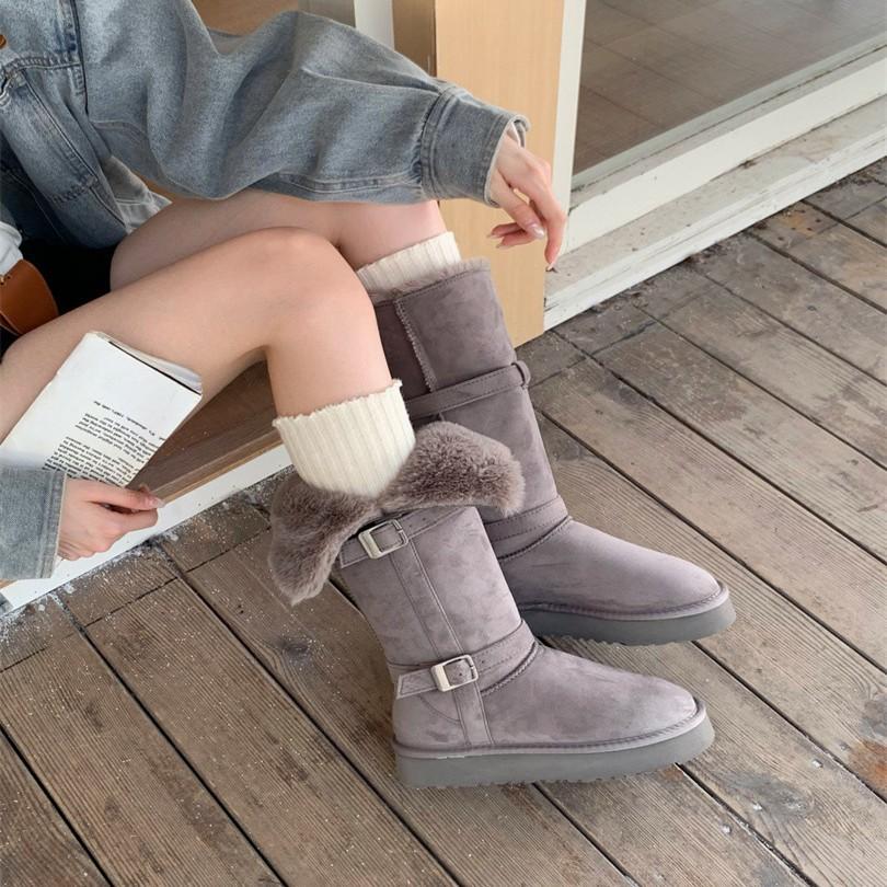 2025 New Winter Snow Boots Women's Fur Integrated Medium Tube Thick Sole Heightening Knight Boots Piled Thickened Non-slip Cotton Shoes
