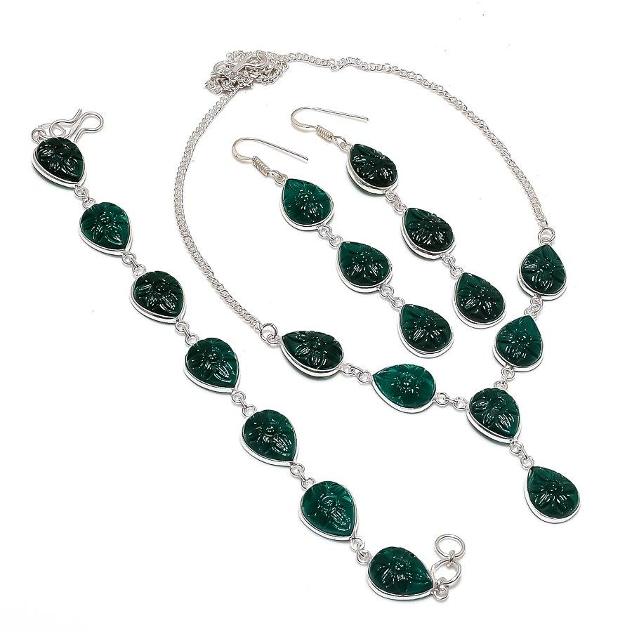 Natural Green Onyx Carving 925 Sterling Silver Jewelry Necklace 18" z4e34