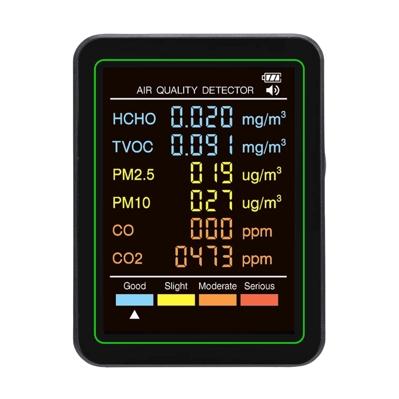 

6 in 1 Air Quality Monitor with CO CO2 TVOC HCHO PM2.5 PM10 Detection Infrared Sensor LCD Color Screen Portable Home