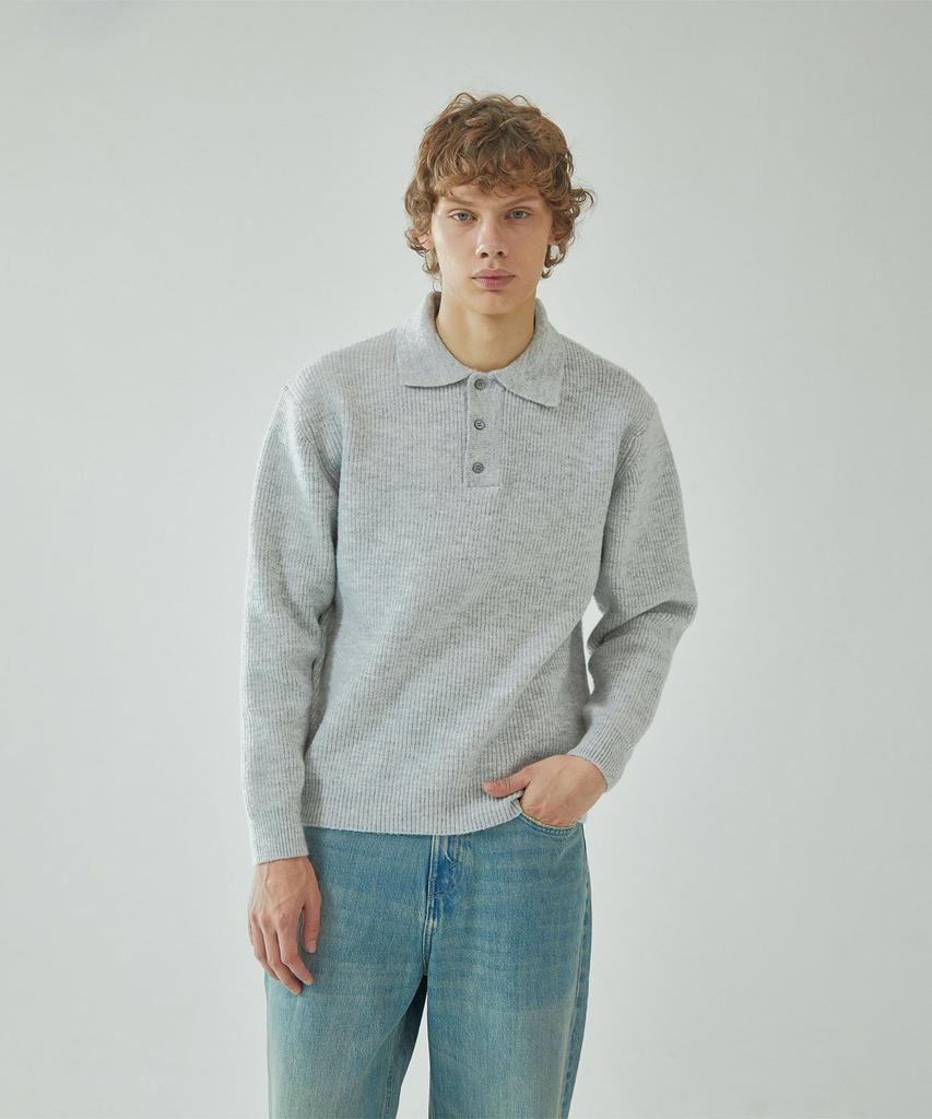 PINBLACK (Men) Button Collar Neck Wool Knit Gray
