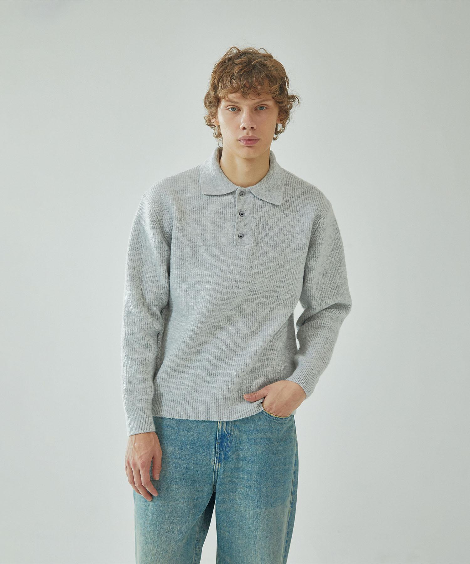 Pin Black (Men) Button Collar Neck Wool Knit Gray Grey/Free