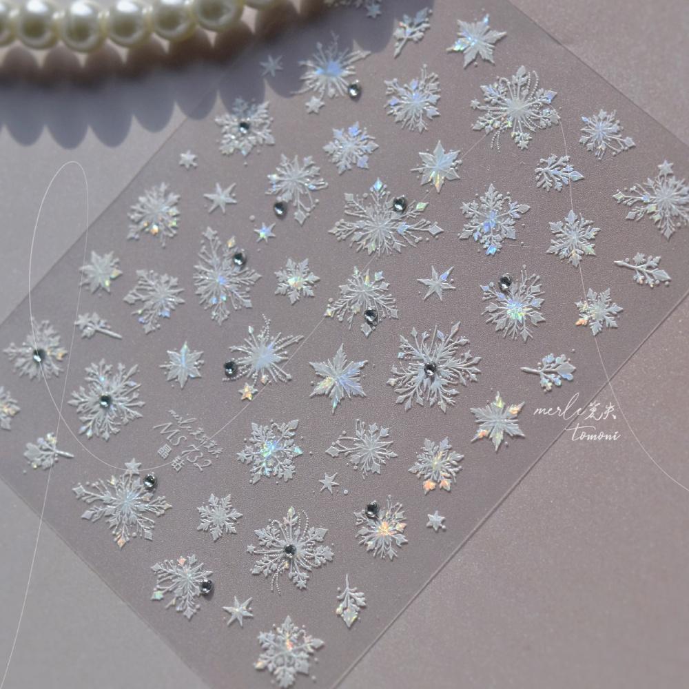 1 Piece 5D Embossed White Snowflake Nail Stickers Winter Christmas Snowflake Nail Art Stickers Self-adhesive Decorative Slider