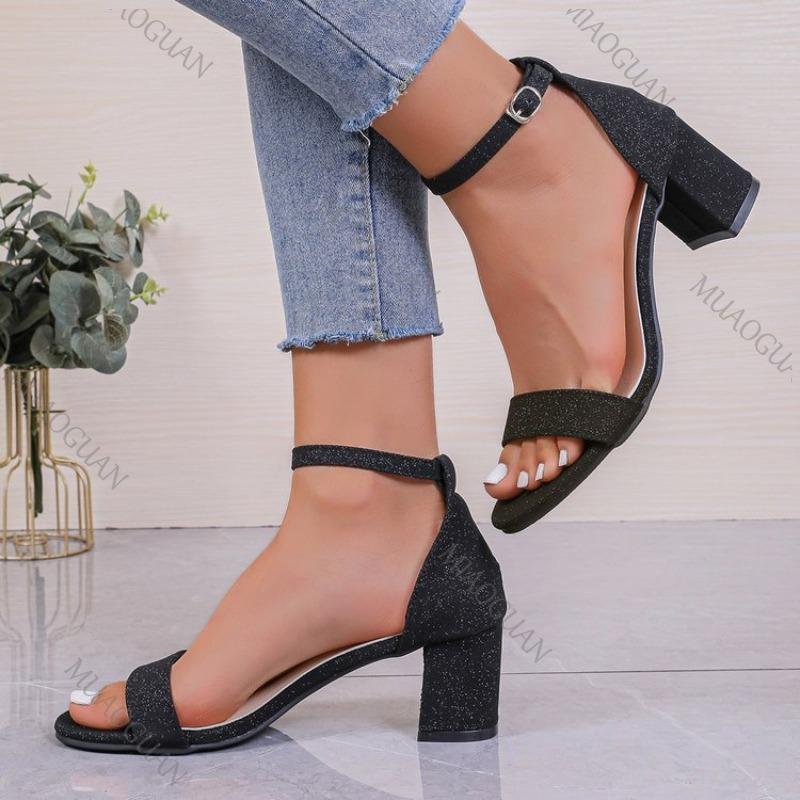 Fashion Summer Thick High Heels Women Sandals Round Toe Hollow Fashion Women's Shoes Solid Color Ankle Buckle Female Dress Heeled Sandal