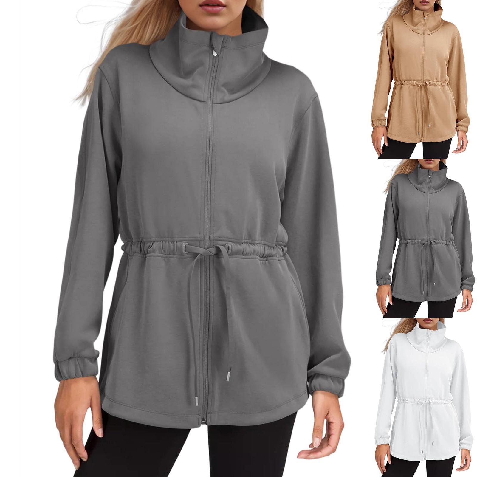 

Женская толстовка на молнии с длинным рукавом, воротником-стойкой, завязками на талии, теплая, без капюшона